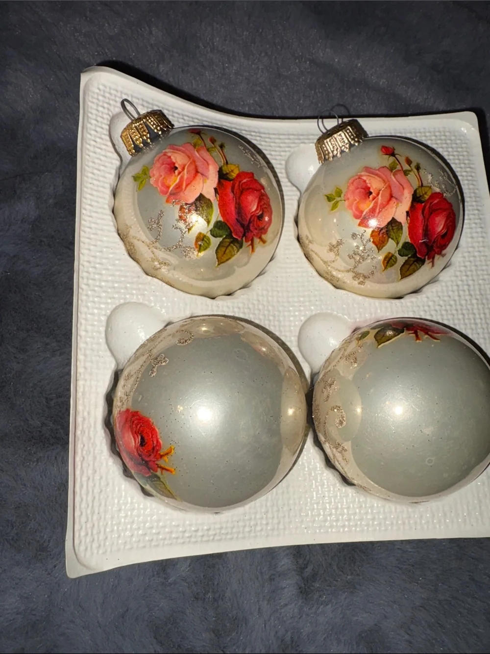 4 Vintage Christmas by Krebs Glass Ornaments Victorian Red & Pink Roses Memories